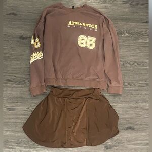 Brown oversized  Athletics League Sweatshirt and tennis Skirt Set